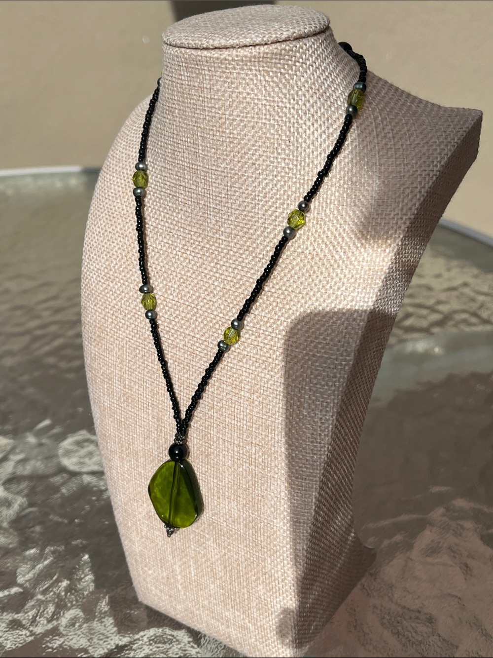 Green Beaded Glass Pendant Necklace - Handcrafted